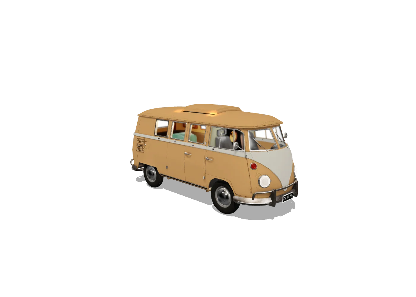 Sandy tan vintage camper parked in Montana
